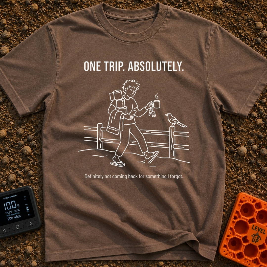 One Trip Or Bust - T-Shirt in Espresso - A white line drawing on a black background showing a person in flip-flops...