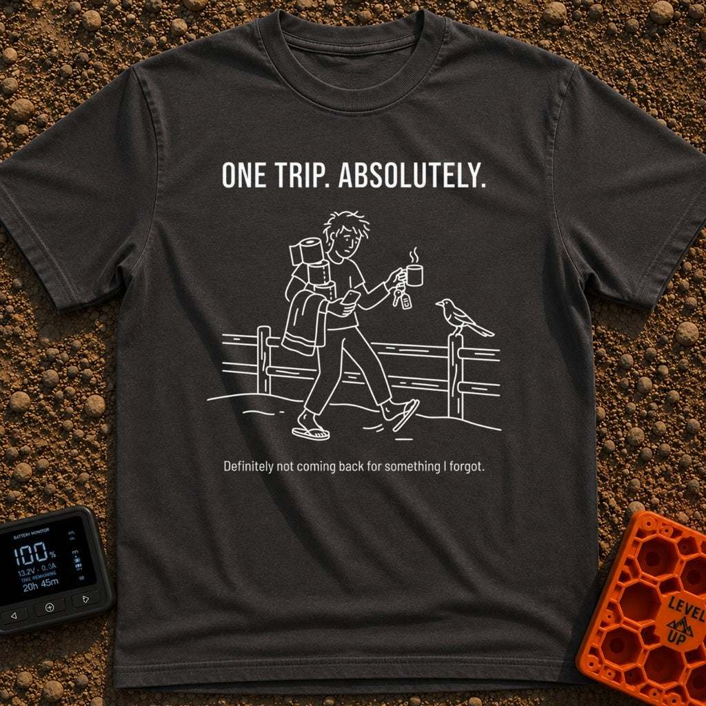 One Trip Or Bust - T-Shirt in Graphite - A white line drawing on a black background showing a person in flip-flops...