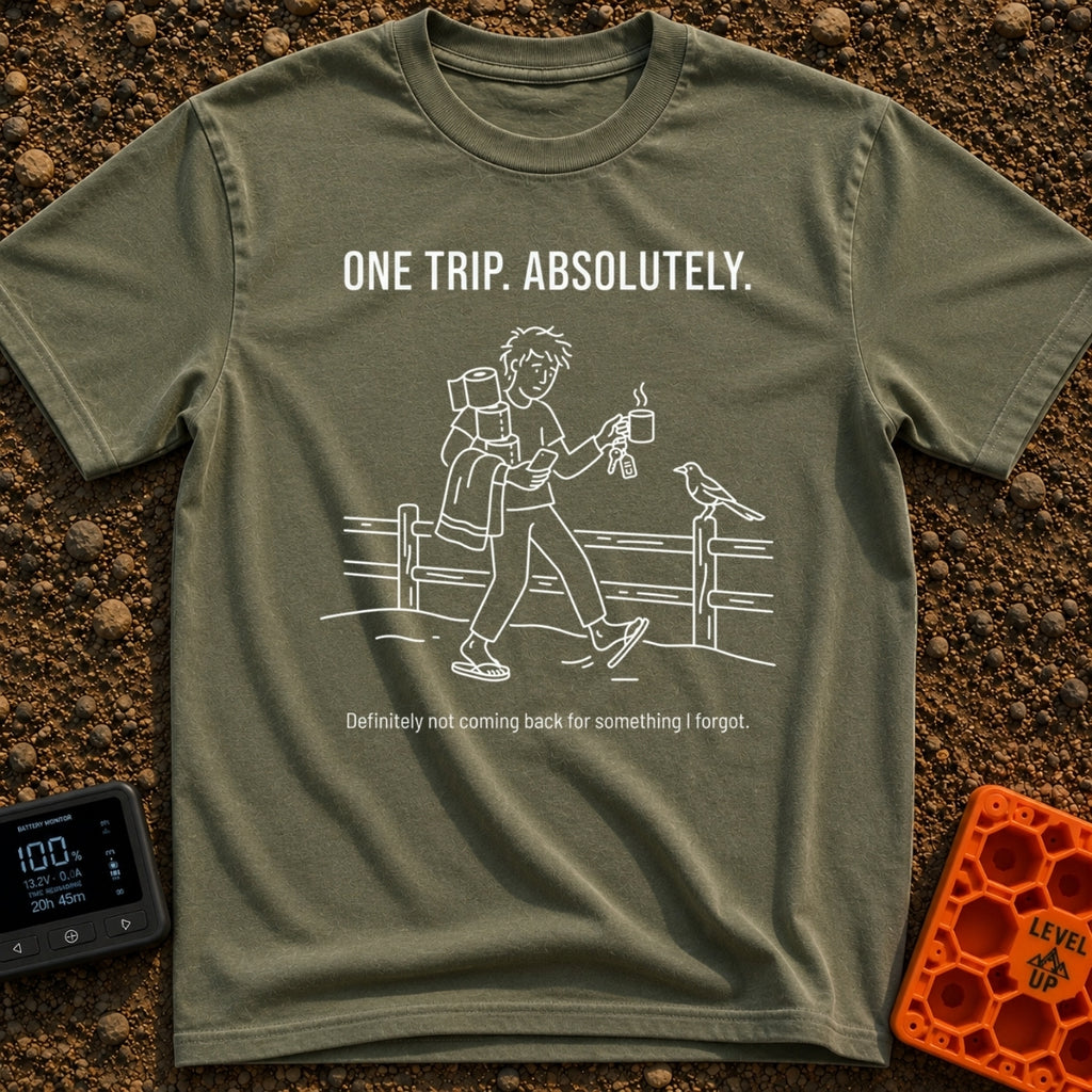 One Trip Or Bust - T-Shirt in Moss - A white line drawing on a black background showing a person in flip-flops walking...