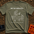 One Trip Or Bust - T-Shirt in Moss - A white line drawing on a black background showing a person in flip-flops walking...