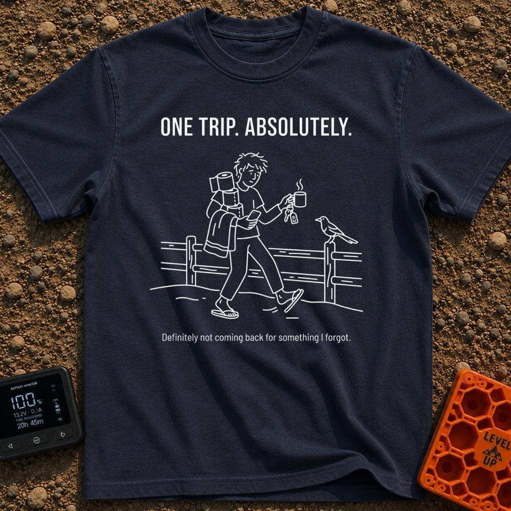 One Trip Or Bust - T-Shirt in Navy - A white line drawing on a black background showing a person in flip-flops walking...