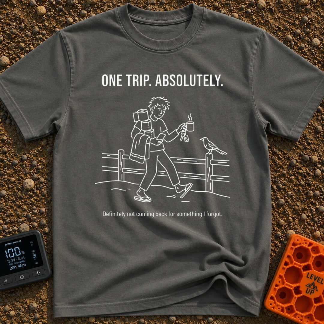 One Trip Or Bust - T-Shirt in Pepper - A white line drawing on a black background showing a person in flip-flops walking...