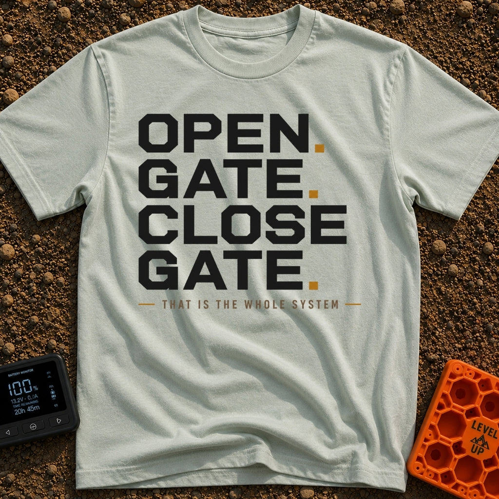 Designated Gate Opener - T-Shirt in Bay - A text-based design featuring the words 'OPEN. GATE. CLOSE. GATE.' stacked in...