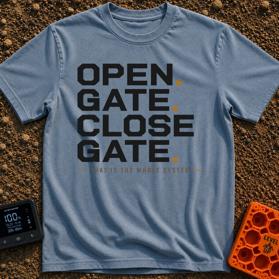 Designated Gate Opener - T-Shirt in Blue Jean - A text-based design featuring the words 'OPEN. GATE. CLOSE. GATE.'...