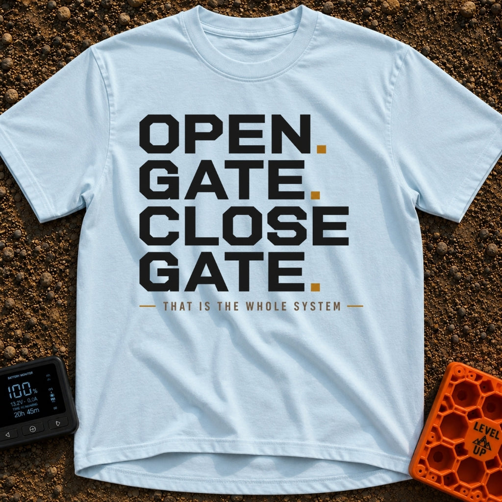 Designated Gate Opener - T-Shirt in Chambray - A text-based design featuring the words 'OPEN. GATE. CLOSE. GATE.' stacked...