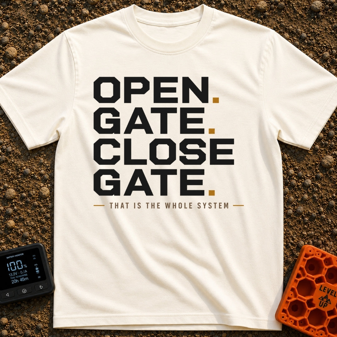 Designated Gate Opener - T-Shirt in Ivory - A text-based design featuring the words 'OPEN. GATE. CLOSE. GATE.' stacked in...