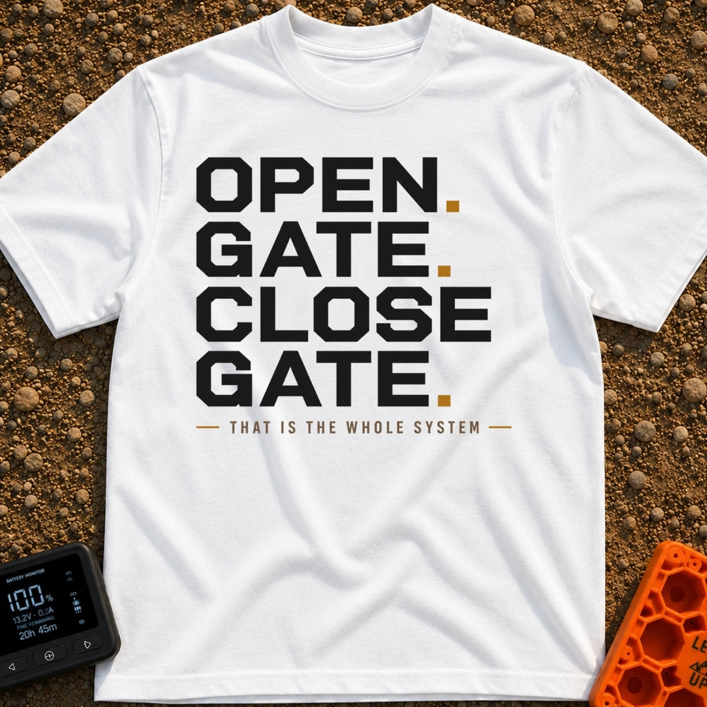 Designated Gate Opener - T-Shirt in White - A text-based design featuring the words 'OPEN. GATE. CLOSE. GATE.' stacked in...