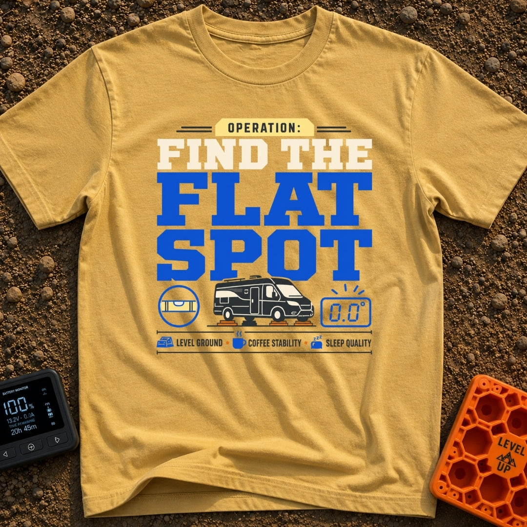 Find The Flat Spot - T-Shirt in Mustard - The design features large typography reading "OPERATION: FIND THE FLAT SPOT"...