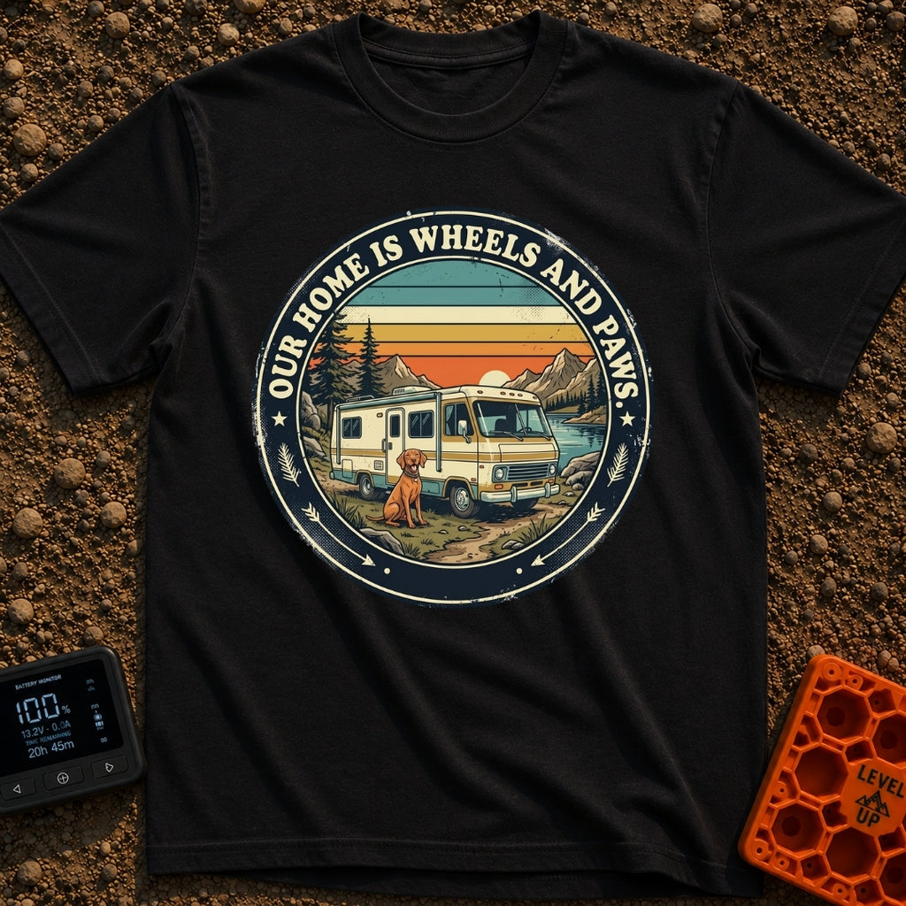 Four Wheels Four Paws - T-Shirt in Black - A vintage-style circular badge depicting a brown dog sitting in front of a...
