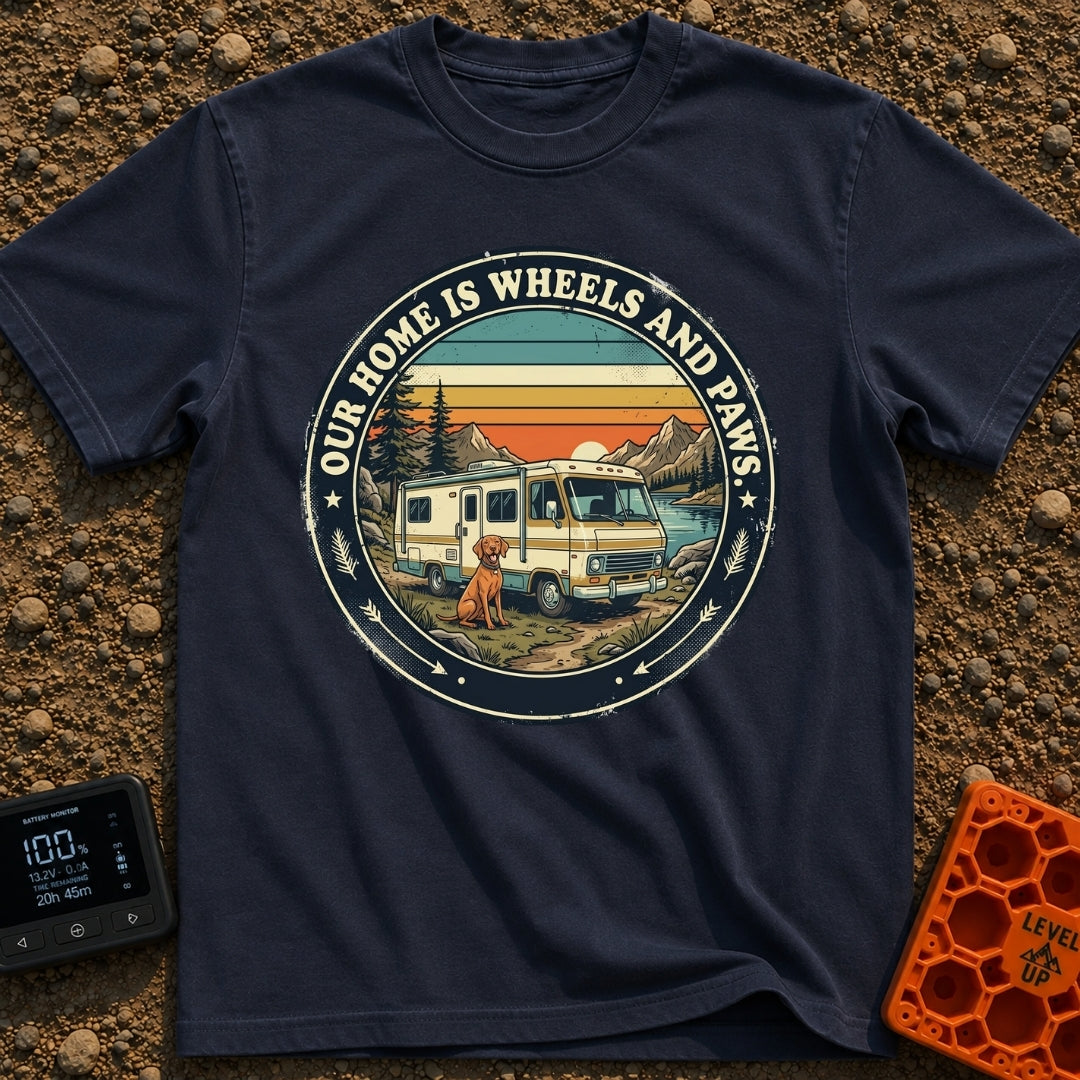 Four Wheels Four Paws - T-Shirt in Navy - A vintage-style circular badge depicting a brown dog sitting in front of a...