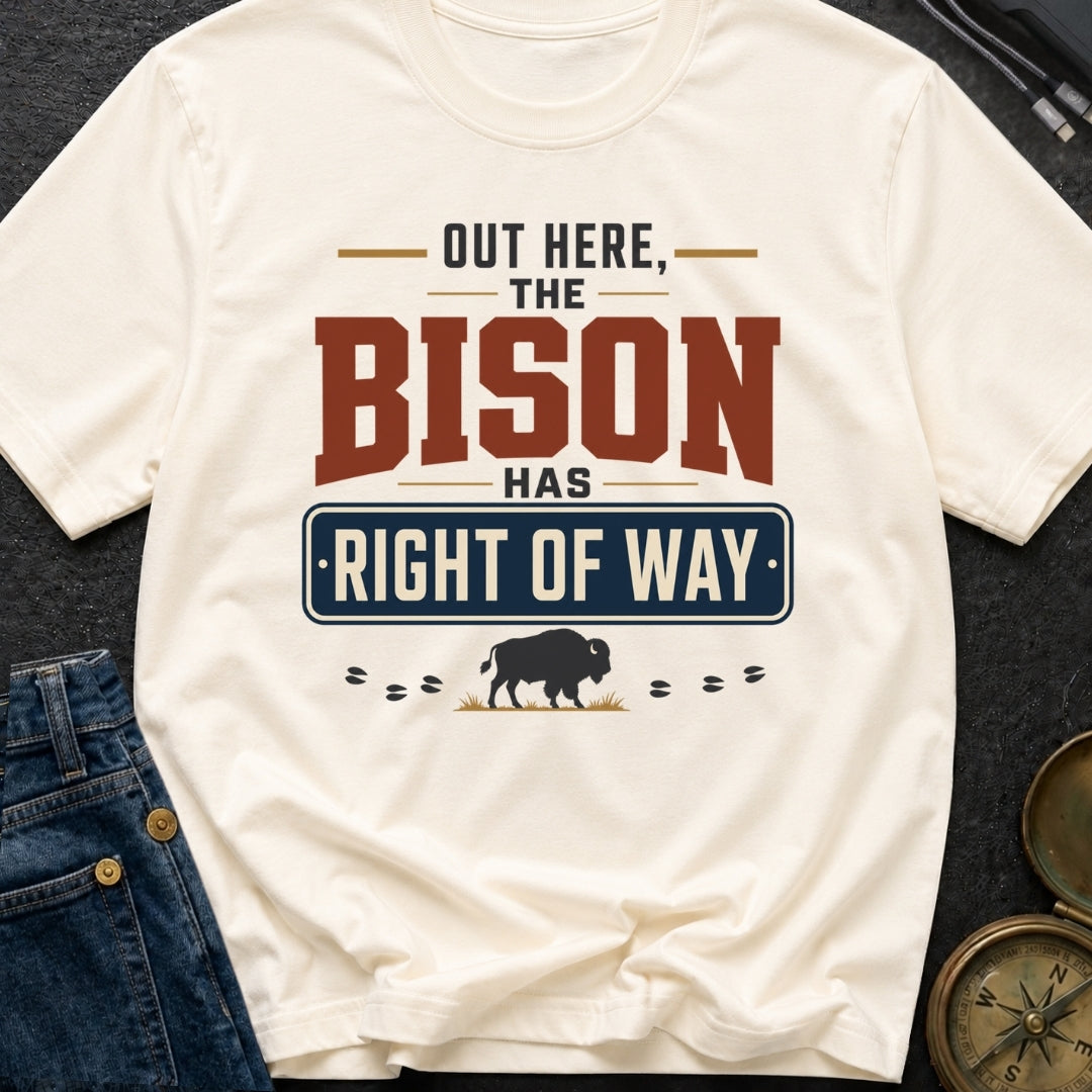 Out Here The Bison Has Right Of Way - T-Shirt