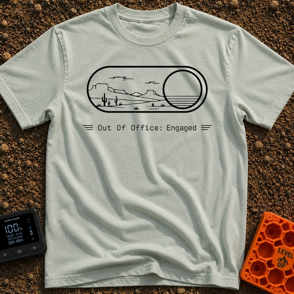 Desert Duty On - T-Shirt in Bay - A minimalist line-art drawing of a digital toggle switch flipped to the "on" position,...