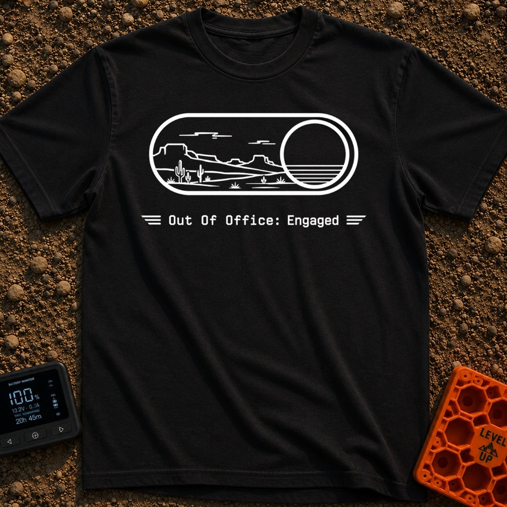 Desert Duty On - T-Shirt in Black - A minimalist line-art drawing of a digital toggle switch flipped to the "on"...