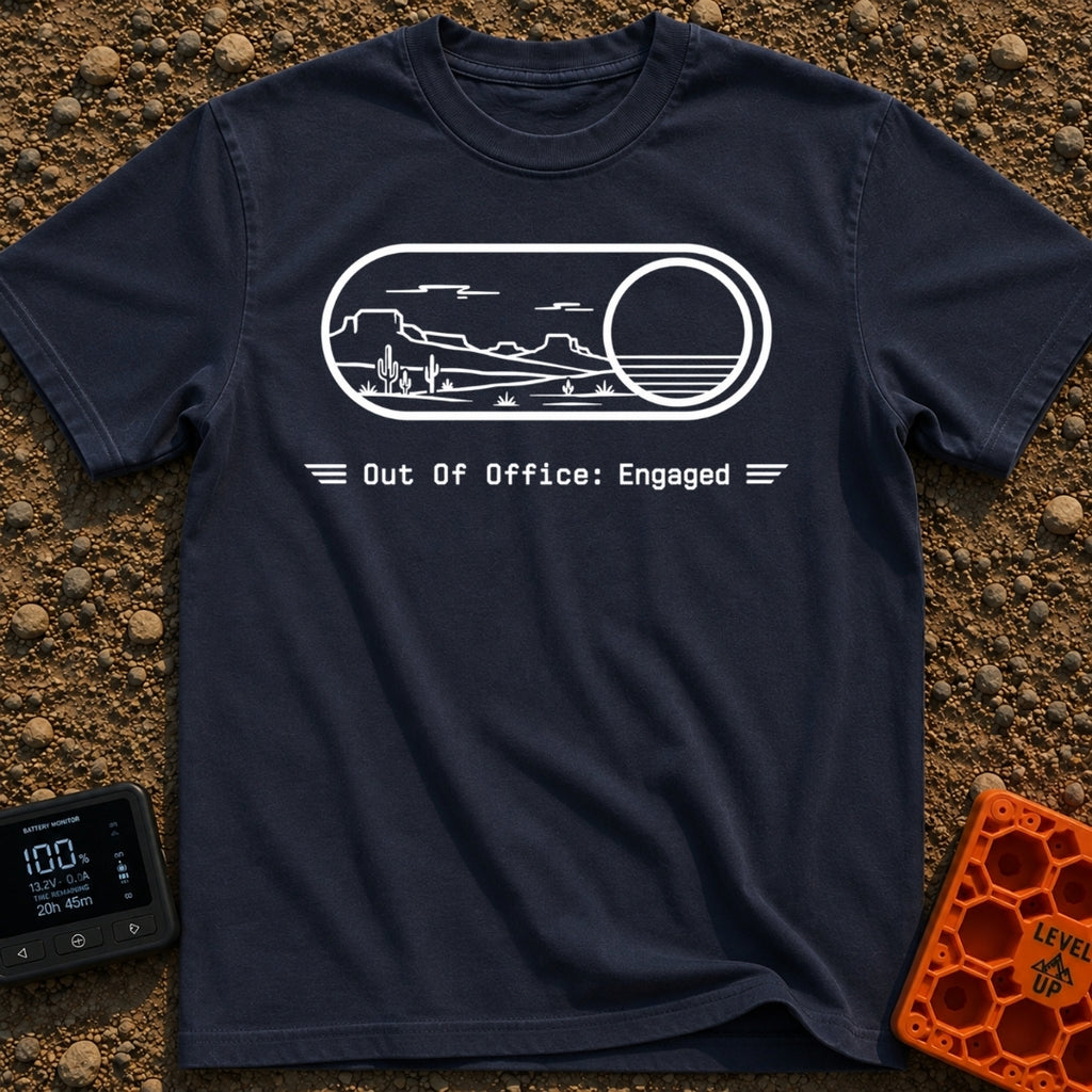 Desert Duty On - T-Shirt in Navy - A minimalist line-art drawing of a digital toggle switch flipped to the "on" position,...