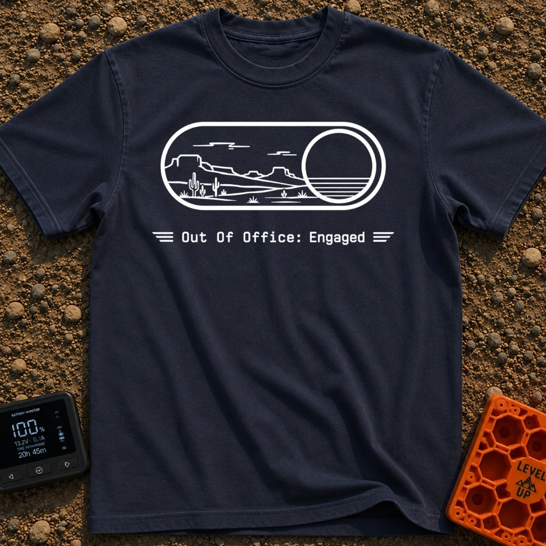 Desert Duty On - T-Shirt in Navy - A minimalist line-art drawing of a digital toggle switch flipped to the "on" position,...
