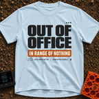In Range Of Nothing - T-Shirt in Chambray - A typography design featuring large bold text reading 'OUT OF OFFICE' above...