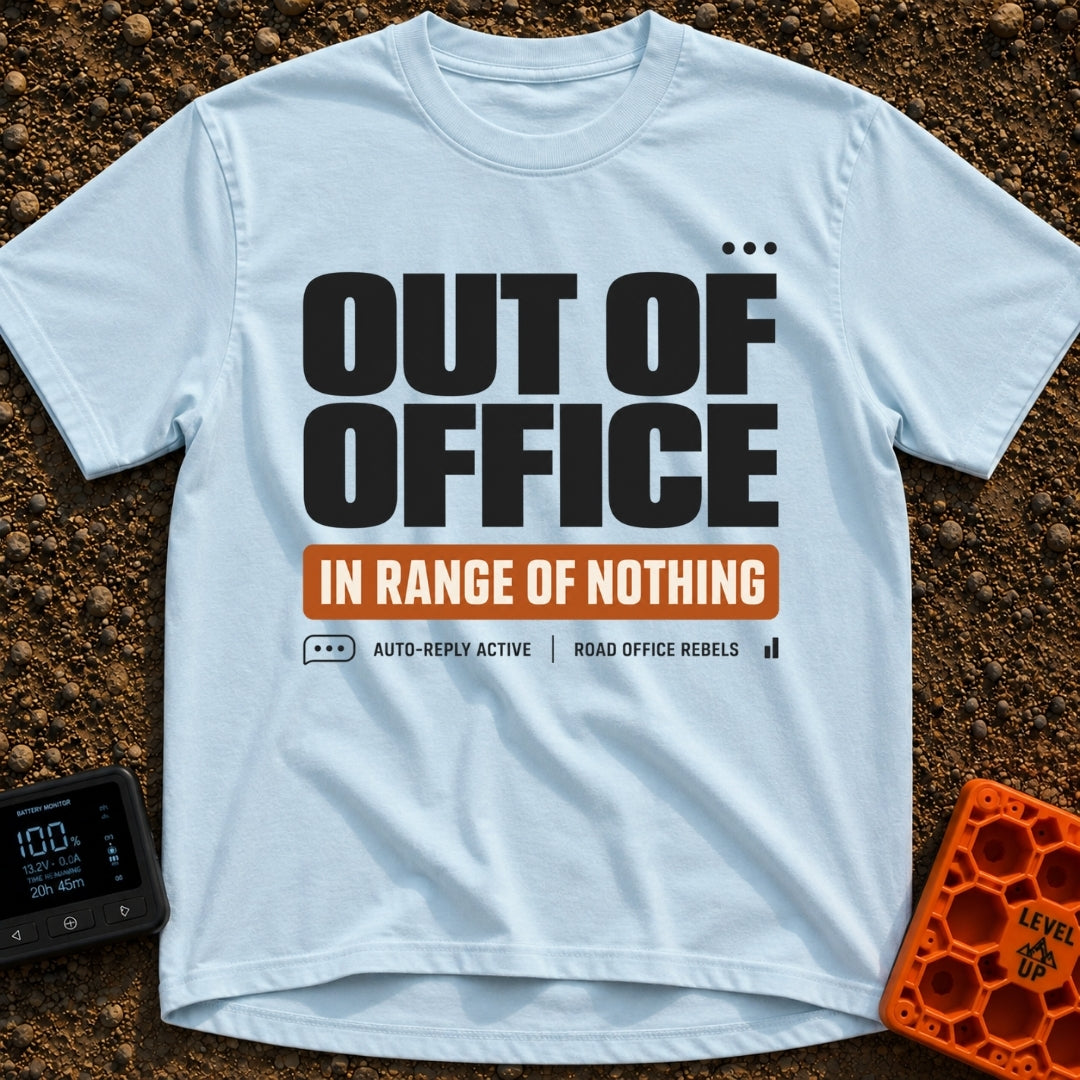 In Range Of Nothing - T-Shirt in Chambray - A typography design featuring large bold text reading 'OUT OF OFFICE' above...