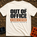 In Range Of Nothing - T-Shirt in Ivory - A typography design featuring large bold text reading 'OUT OF OFFICE' above an...