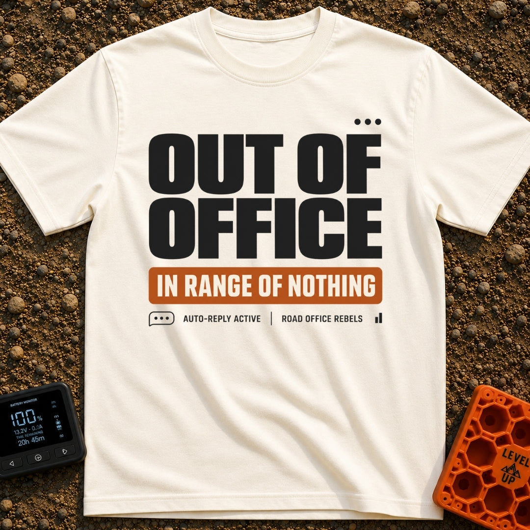 In Range Of Nothing - T-Shirt in Ivory - A typography design featuring large bold text reading 'OUT OF OFFICE' above an...