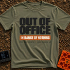 In Range Of Nothing - T-Shirt in Moss - A typography design featuring large bold text reading 'OUT OF OFFICE' above an...