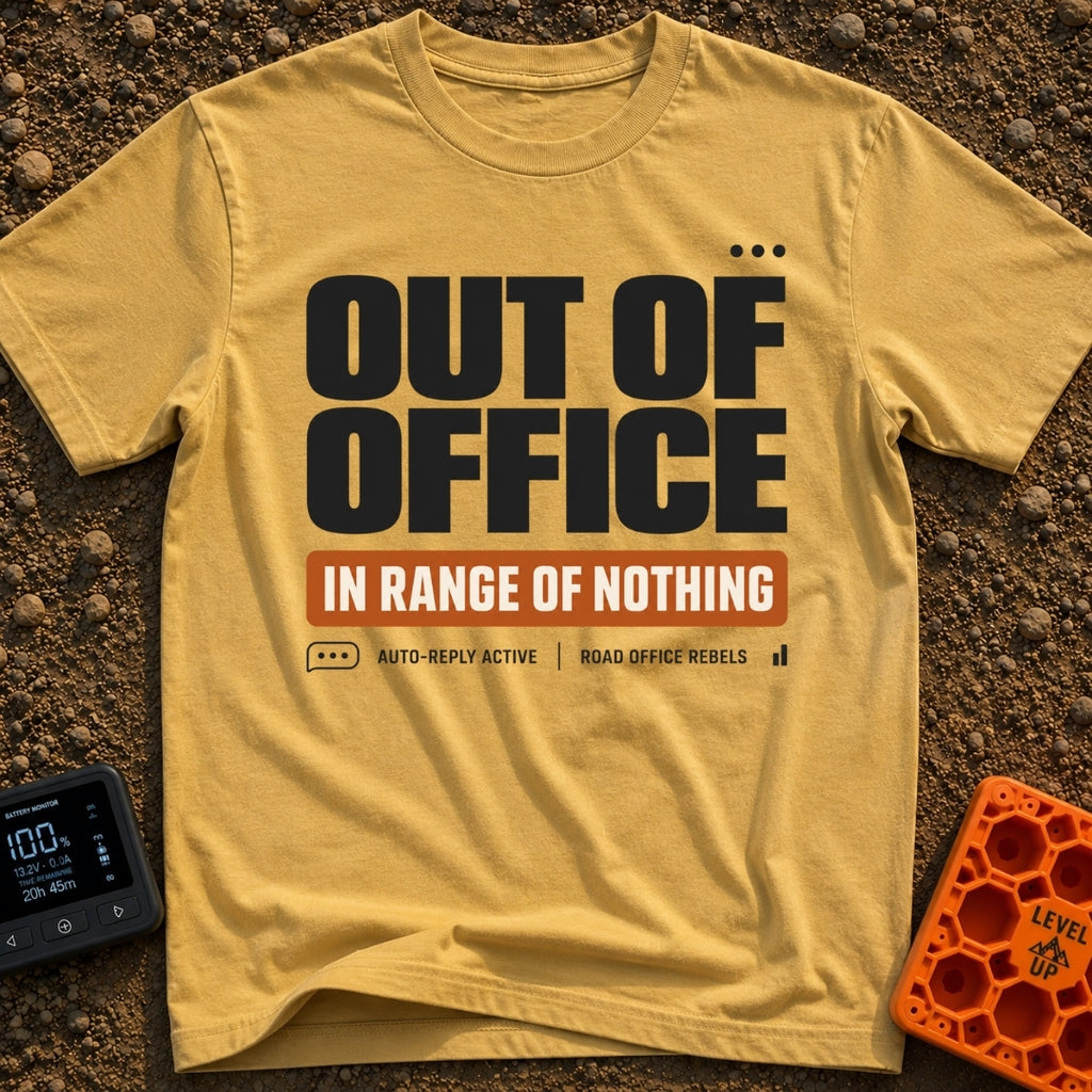 In Range Of Nothing - T-Shirt in Mustard - A typography design featuring large bold text reading 'OUT OF OFFICE' above an...