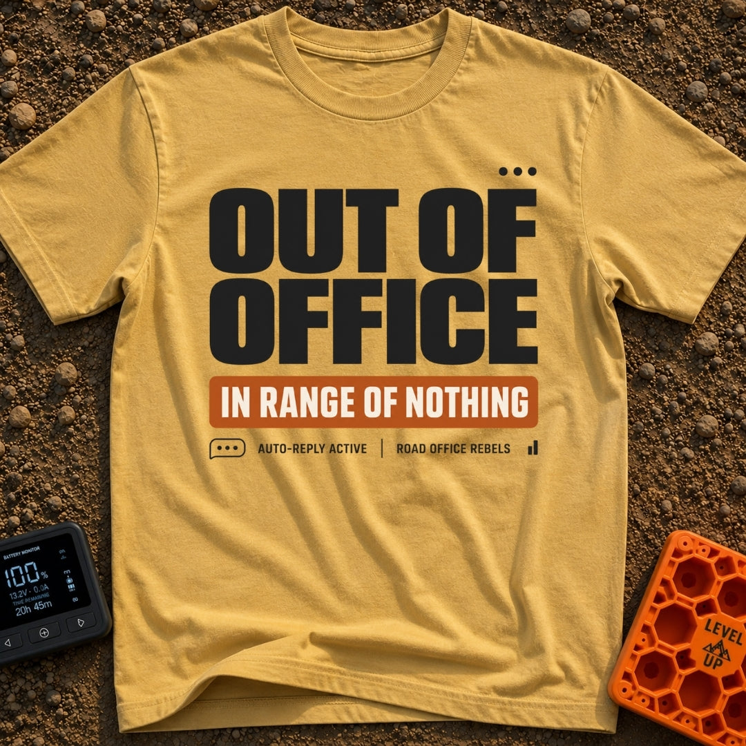 In Range Of Nothing - T-Shirt in Mustard - A typography design featuring large bold text reading 'OUT OF OFFICE' above an...