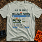 Out Of Range - T-Shirt in Bay - A graphic styled as a retro computer email auto-reply window featuring an illustration of...