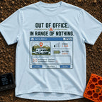 Out Of Range - T-Shirt in Chambray - A graphic styled as a retro computer email auto-reply window featuring an...