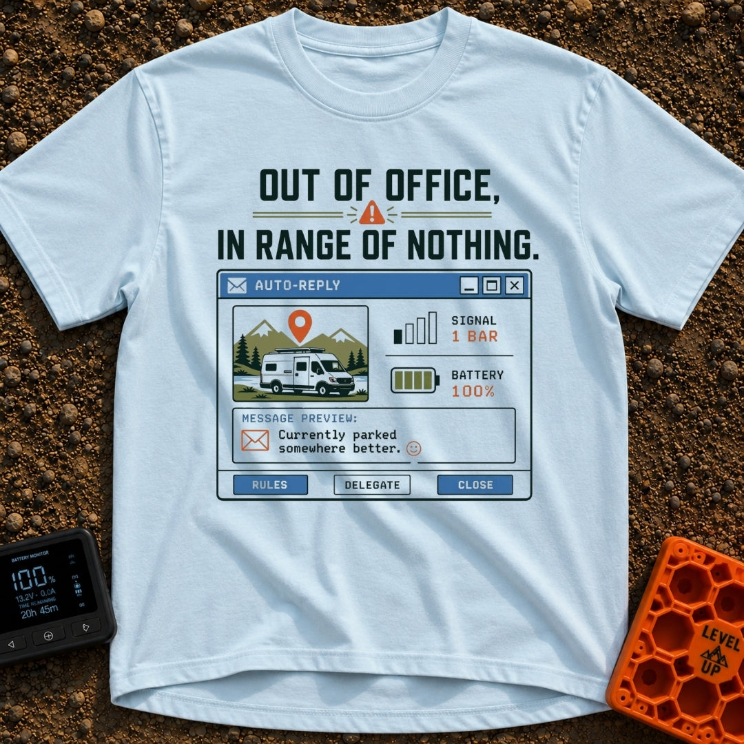 Out Of Range - T-Shirt in Chambray - A graphic styled as a retro computer email auto-reply window featuring an...