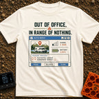 Out Of Range - T-Shirt in Ivory - A graphic styled as a retro computer email auto-reply window featuring an illustration...