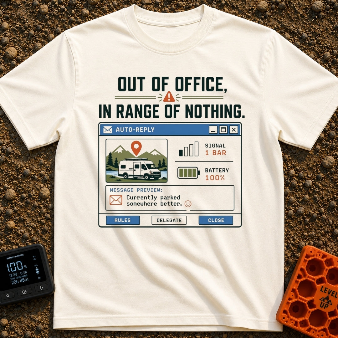 Out Of Range - T-Shirt in Ivory - A graphic styled as a retro computer email auto-reply window featuring an illustration...
