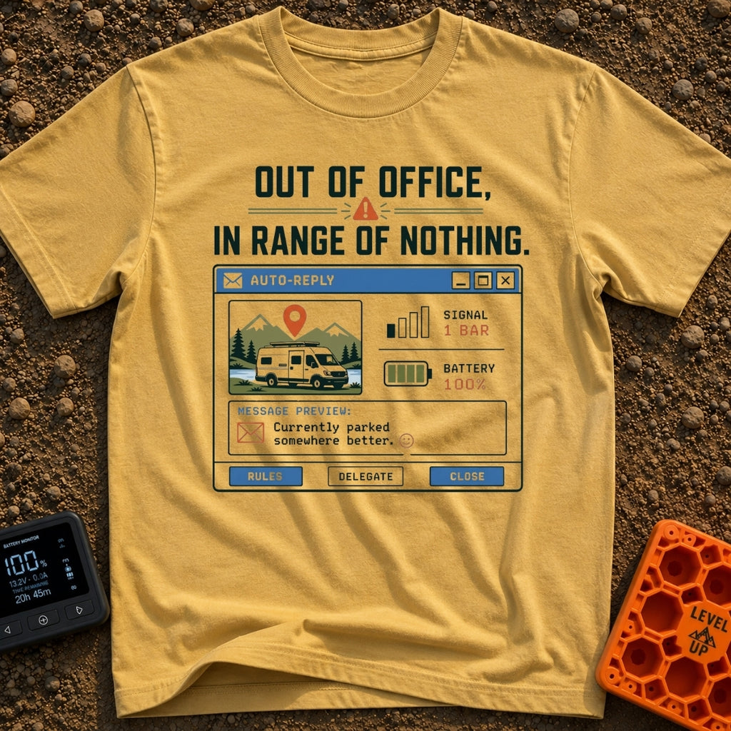 Out Of Range - T-Shirt in Mustard - A graphic styled as a retro computer email auto-reply window featuring an...