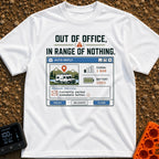 Out Of Range - T-Shirt in White - A graphic styled as a retro computer email auto-reply window featuring an illustration...
