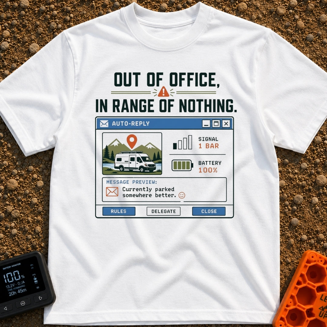 Out Of Range - T-Shirt in White - A graphic styled as a retro computer email auto-reply window featuring an illustration...
