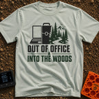 Out Of Office Outdoors - T-Shirt in Bay - A split graphic showing a laptop and briefcase on the left half that...