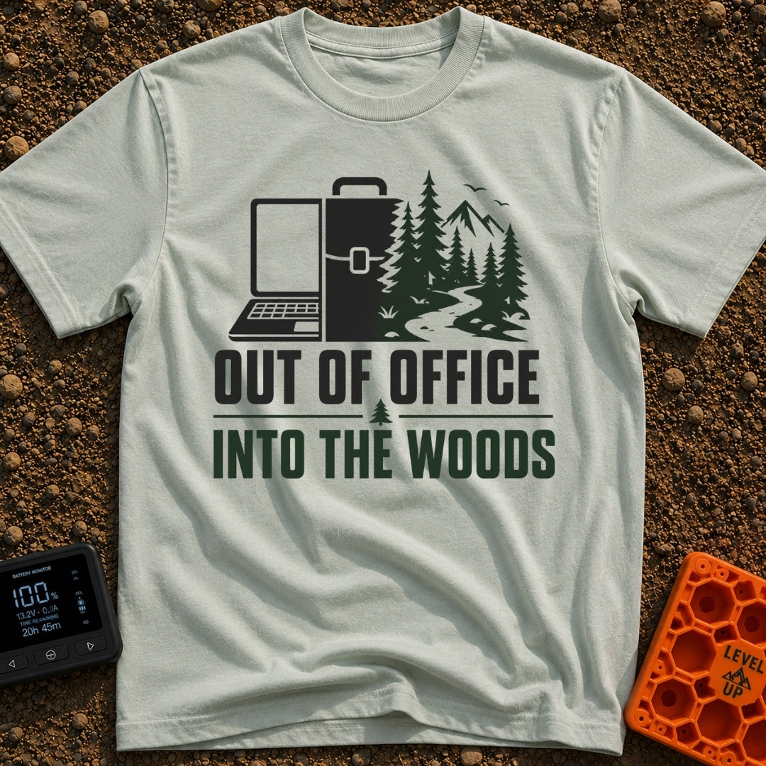 Out Of Office Outdoors - T-Shirt in Bay - A split graphic showing a laptop and briefcase on the left half that...