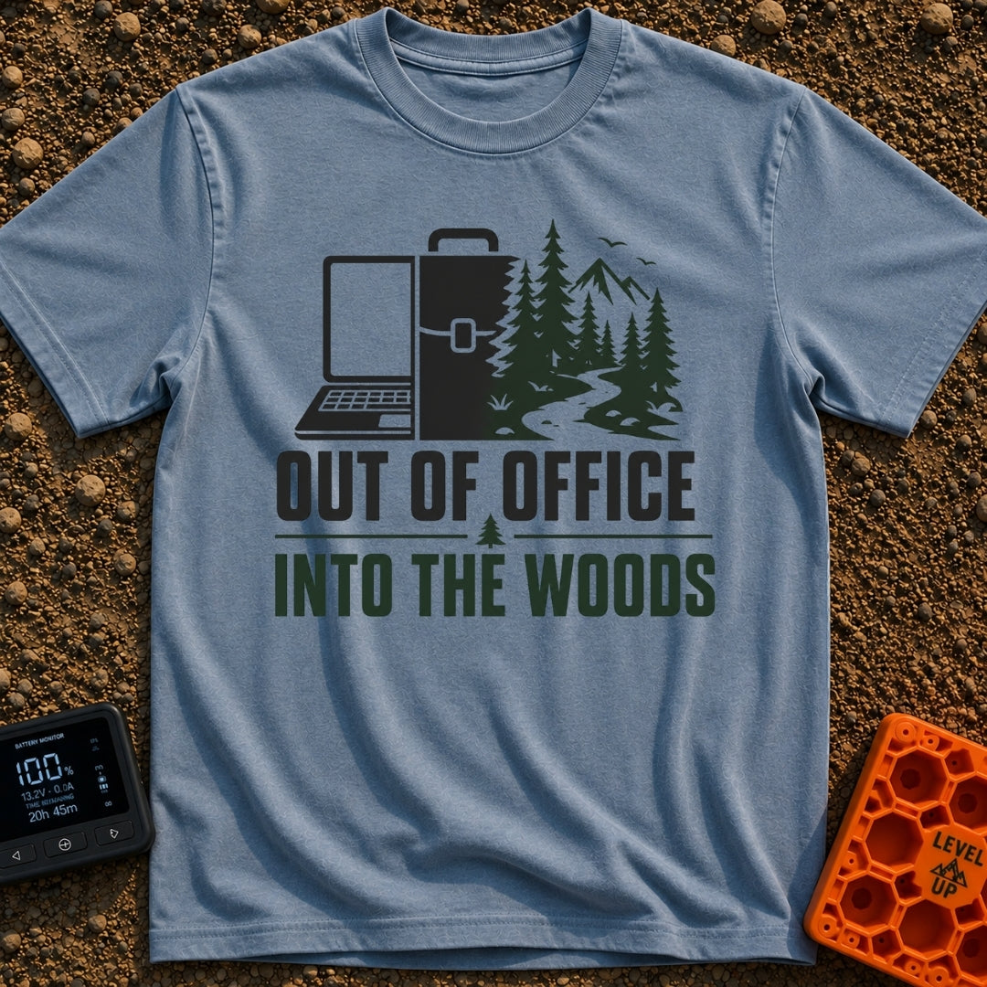 Out Of Office Outdoors - T-Shirt in Blue Jean - A split graphic showing a laptop and briefcase on the left half that...