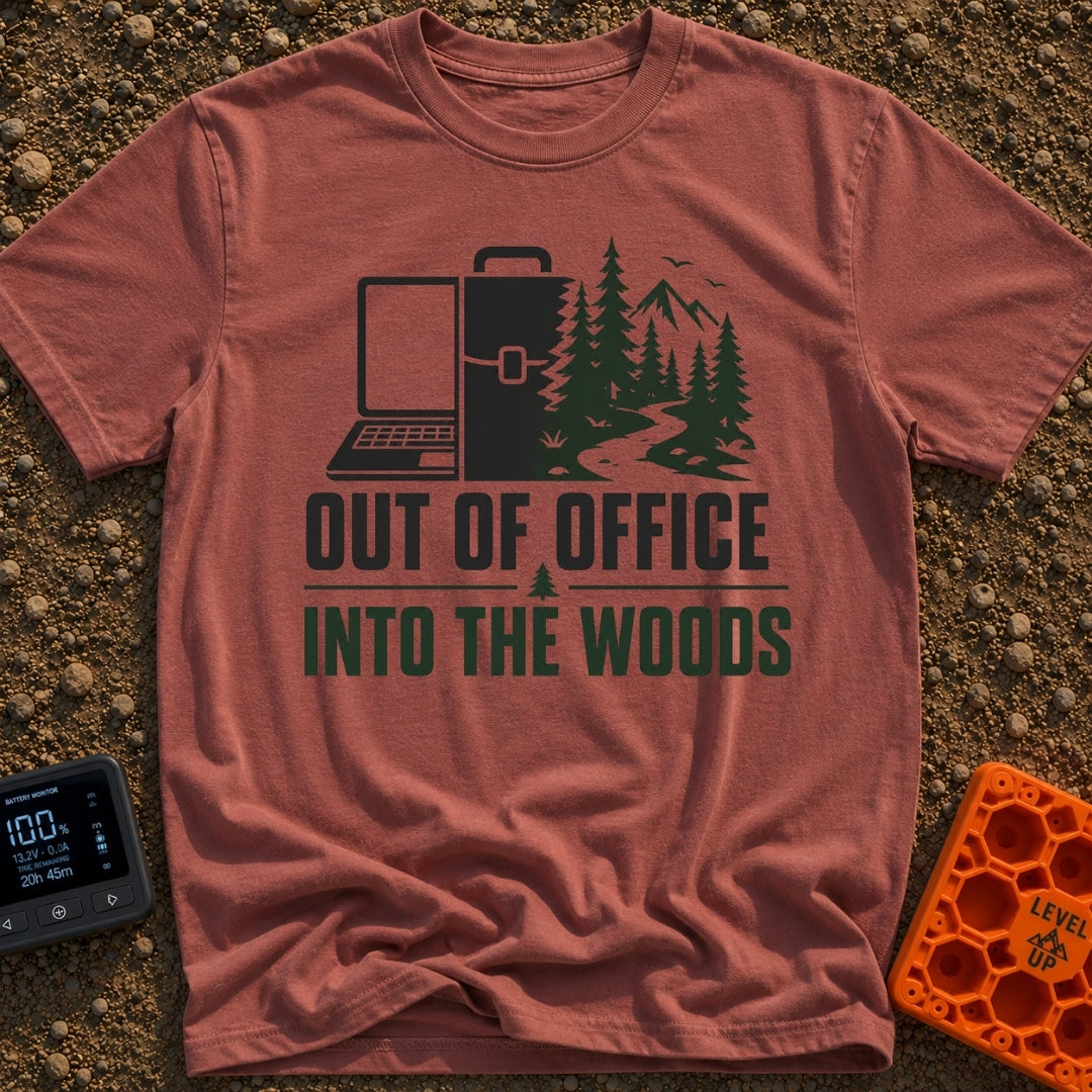 Out Of Office Outdoors - T-Shirt in Brick - A split graphic showing a laptop and briefcase on the left half that...