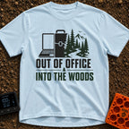 Out Of Office Outdoors - T-Shirt in Chambray - A split graphic showing a laptop and briefcase on the left half that...