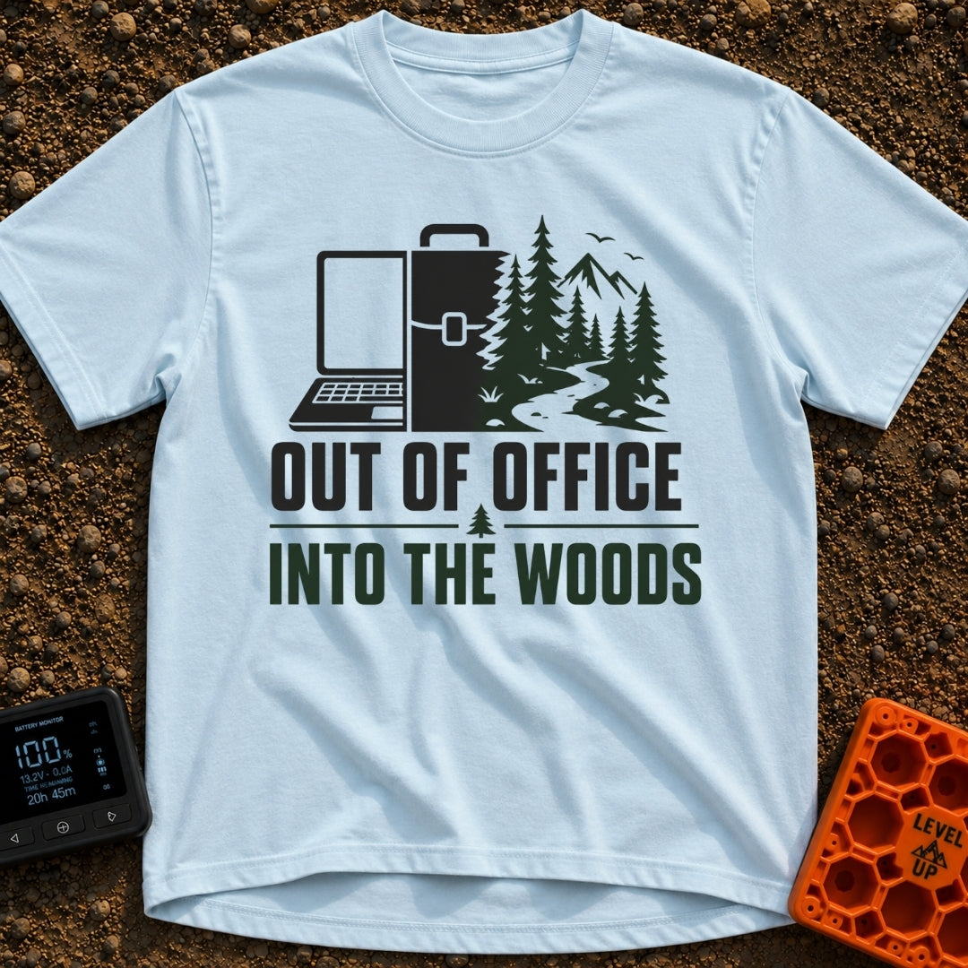 Out Of Office Outdoors - T-Shirt in Chambray - A split graphic showing a laptop and briefcase on the left half that...
