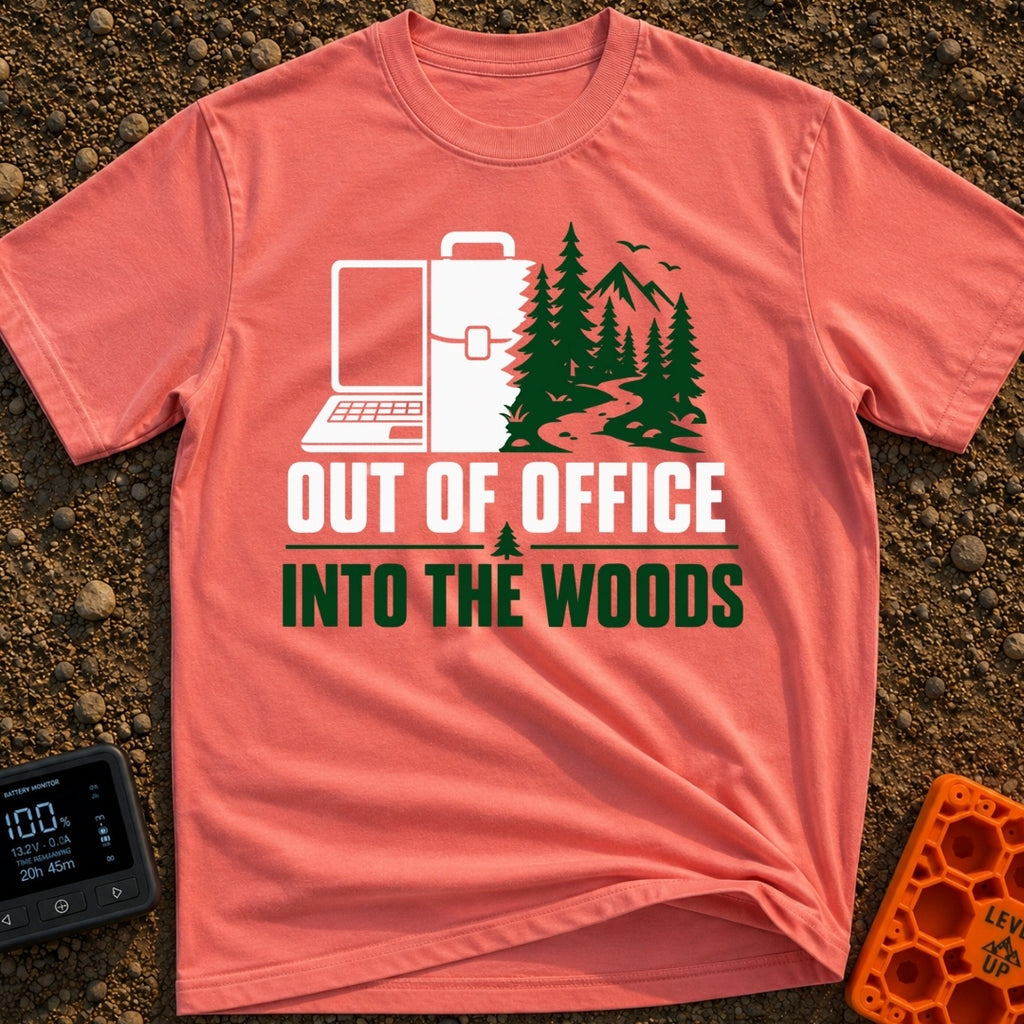 Out Of Office Outdoors - T-Shirt in Watermelon - A split graphic showing a laptop and briefcase on the left half that...