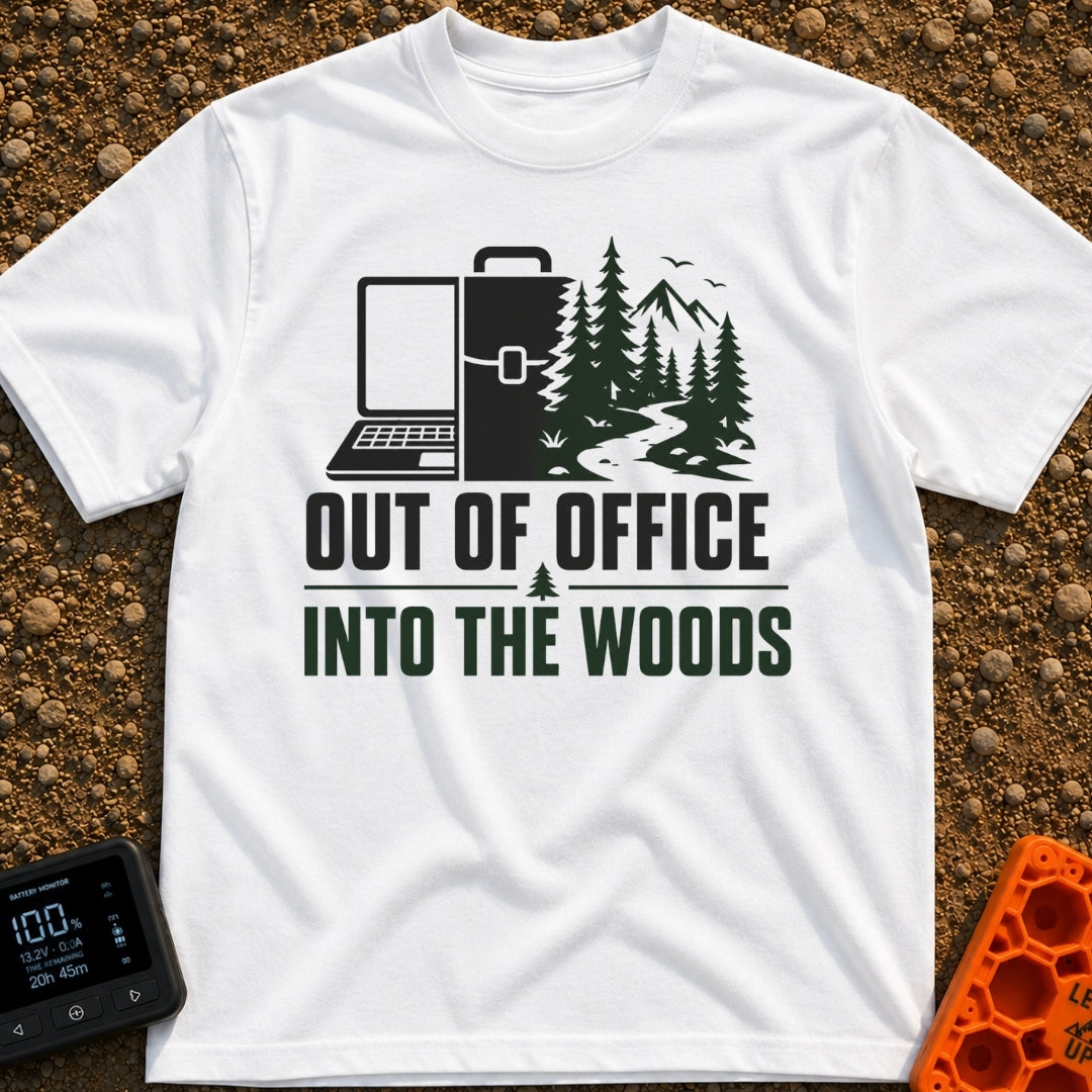 Out Of Office Outdoors - T-Shirt in White - A split graphic showing a laptop and briefcase on the left half that...
