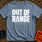 Happily Out Of Range - T-Shirt in Blue Jean - Typographic design featuring large, bold text reading "OUT OF RANGE" with a...