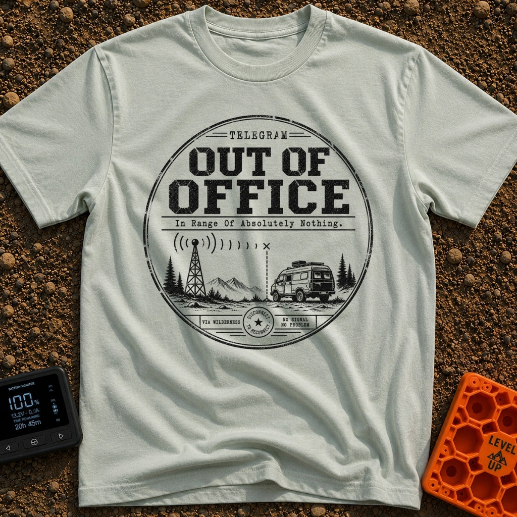 Off The Grid Telegram - T-Shirt in Bay - A circular badge design featuring a camper van parked in a mountainous landscape...