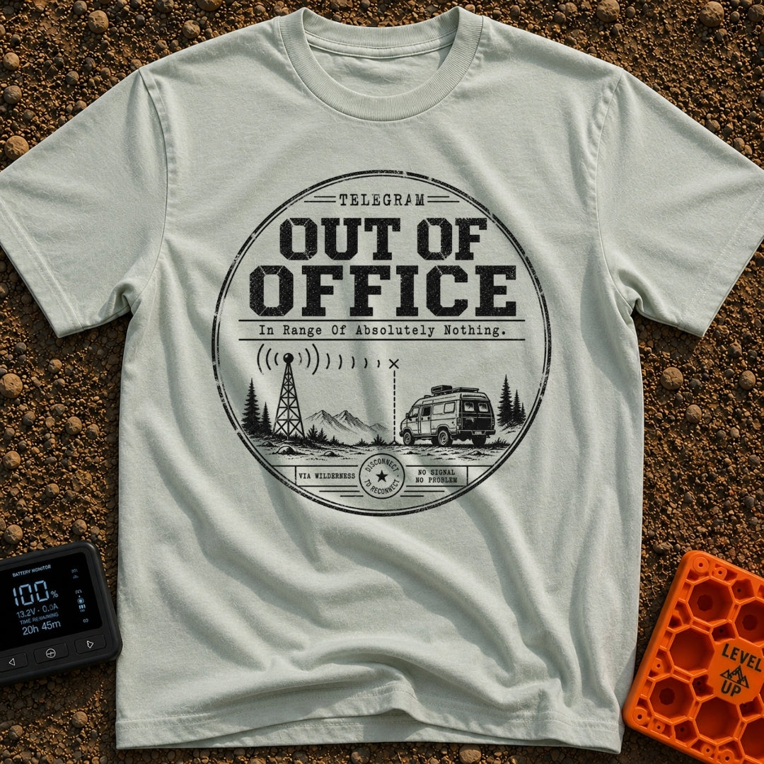 Off The Grid Telegram - T-Shirt in Bay - A circular badge design featuring a camper van parked in a mountainous landscape...