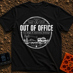 Off The Grid Telegram - T-Shirt in Black - A circular badge design featuring a camper van parked in a mountainous...