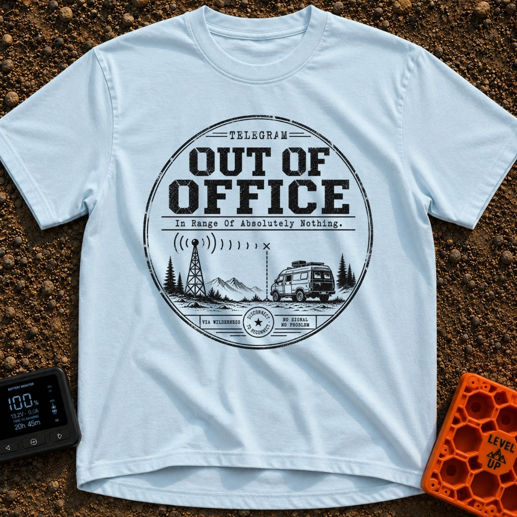 Off The Grid Telegram - T-Shirt in Chambray - A circular badge design featuring a camper van parked in a mountainous...