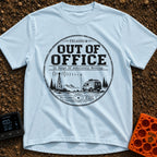 Off The Grid Telegram - T-Shirt in Chambray - A circular badge design featuring a camper van parked in a mountainous...