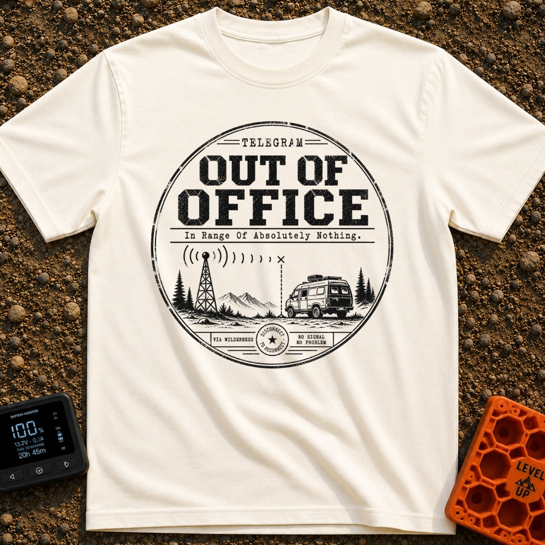 Off The Grid Telegram - T-Shirt in Ivory - A circular badge design featuring a camper van parked in a mountainous...