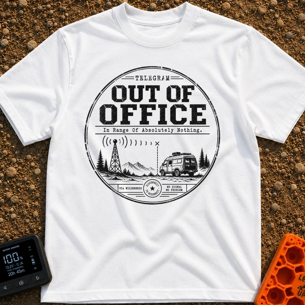 Off The Grid Telegram - T-Shirt in White - A circular badge design featuring a camper van parked in a mountainous...